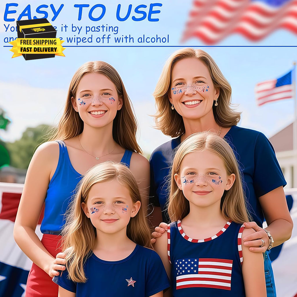 4th of July Glitter Freckles – 6 Pcs Patriotic Face Tattoo Stickers Red White Blue