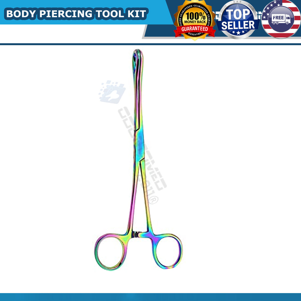 Professional 7-Piece Body Piercing Instruments Kit with Pennington Forceps - Rainbow