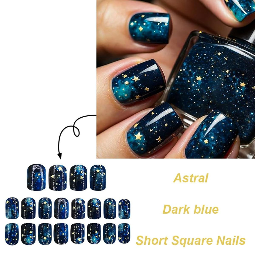 Starry Sky Press-On Nails Short Square 24 Pack with Glue & Nail File