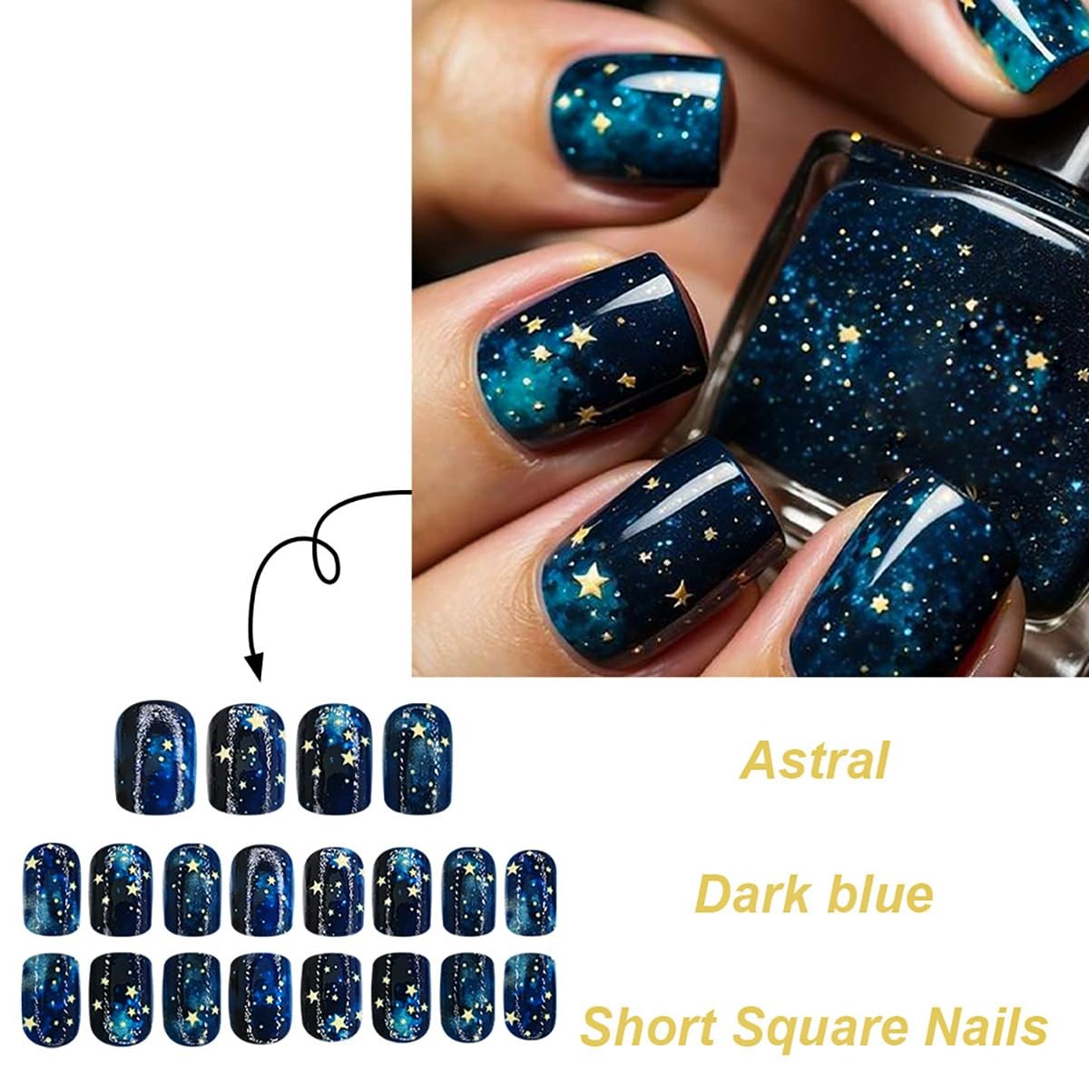 Starry Sky Press-On Nails Short Square 24 Pack with Glue & Nail File