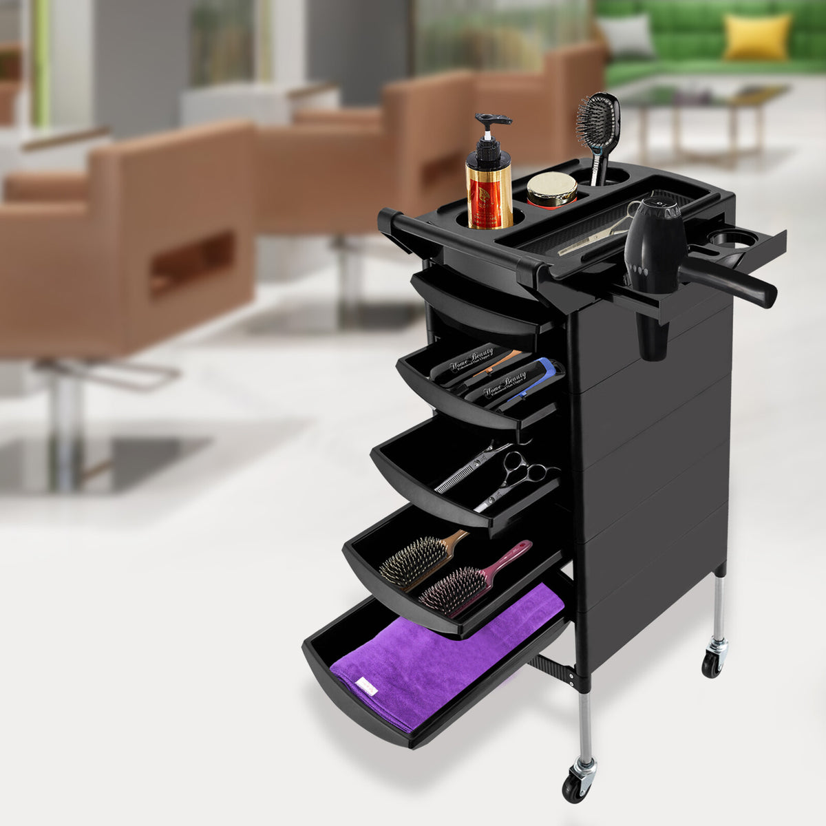 Salon Trolley Cart with 5 Drawers and Side Trays - Mobile Beauty Storage