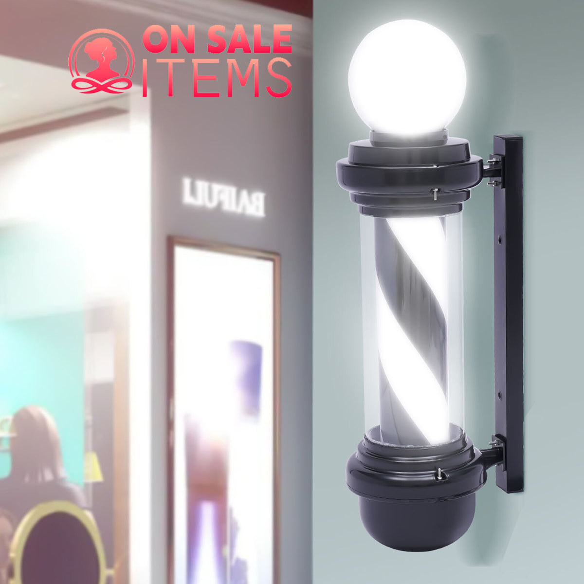 Outdoor LED Barber Pole Light Sign for Hair Salon & Barber Shop - Rotating Black & White Display