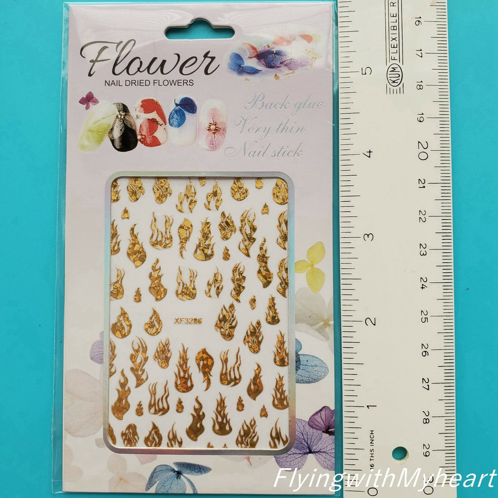 Laser Gold Fire Flame Nail Decal Stickers - Self-Adhesive Nail Art Sheets (5 Colors)