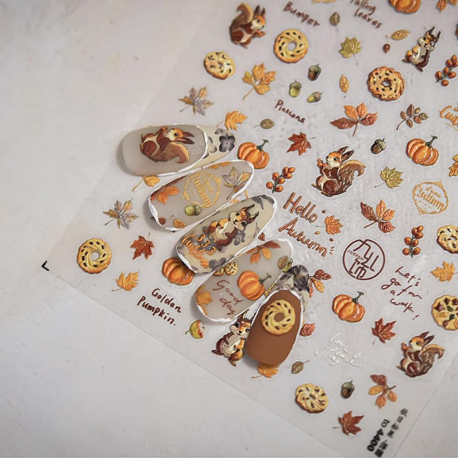 Fall Maple Leaf Nail Stickers Set - Self-Adhesive Squirrel & Nut Design for Nail Art