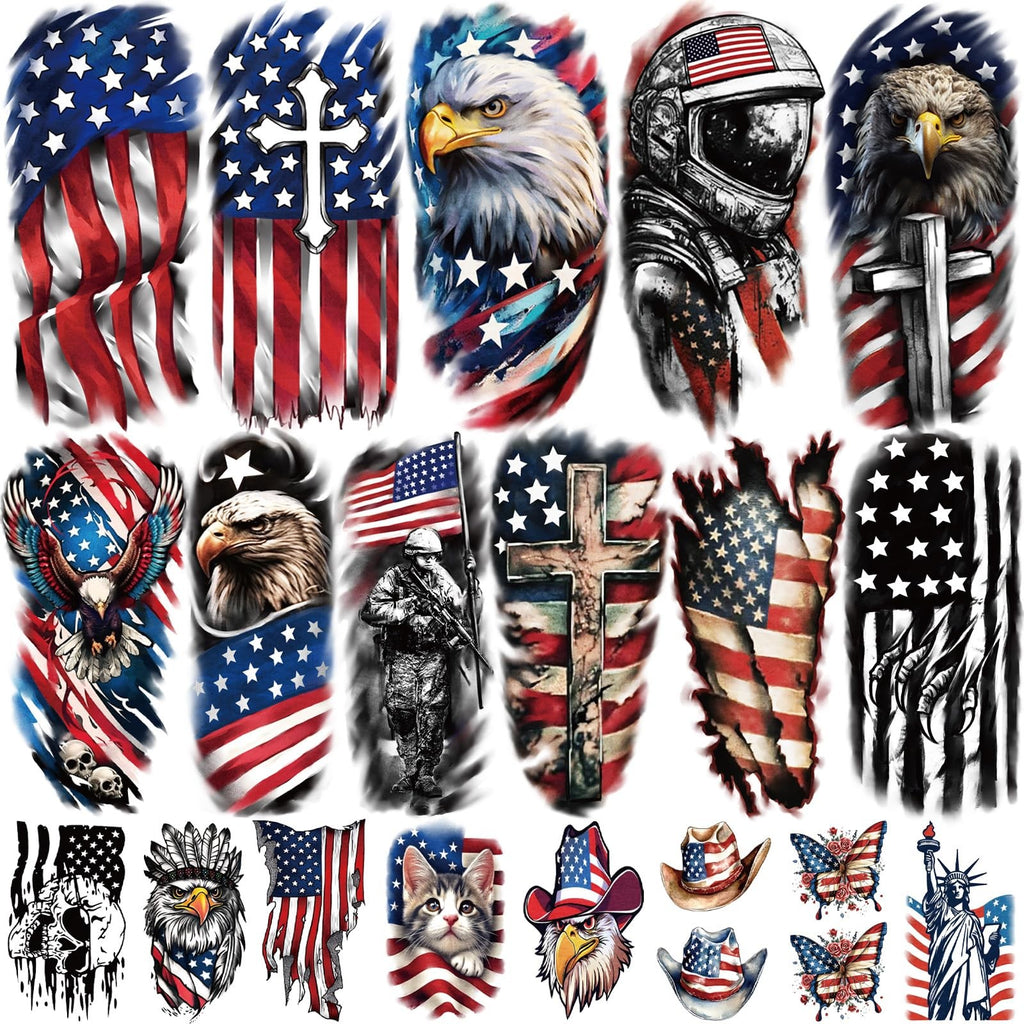 Patriotic Temporary Tattoos - 77 Sheets USA Flag & Fireworks Designs Waterproof