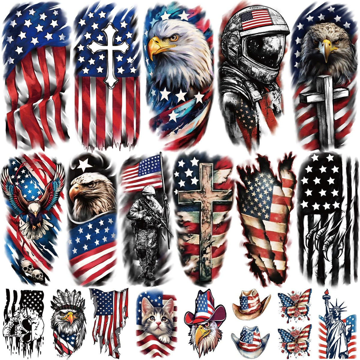 Patriotic Temporary Tattoos - 77 Sheets USA Flag & Fireworks Designs Waterproof
