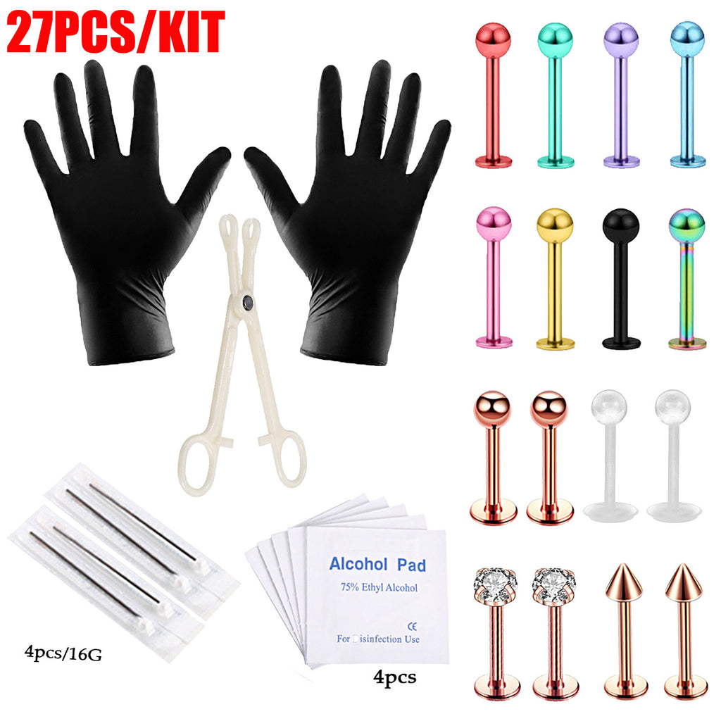 Professional Body Piercing Kit 8-27Pcs Stainless Steel 16G - Ear Nose Lip Tools Set