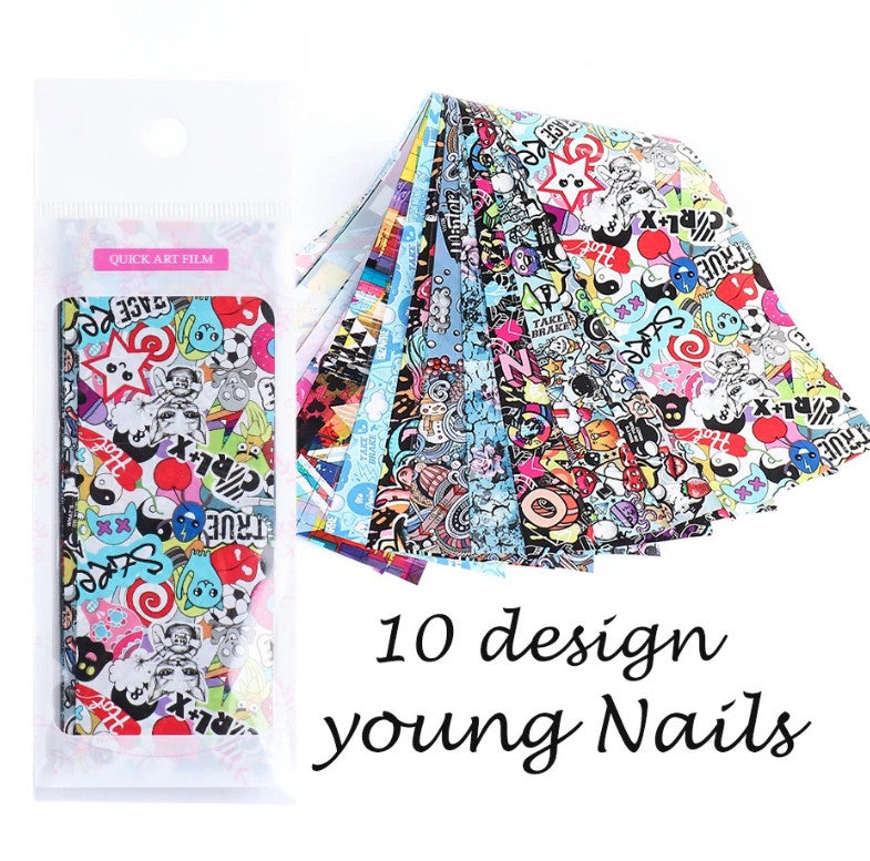 10 Sheets Nail Art Foil Transfer Decals for Manicure DIY - Multiple Designs