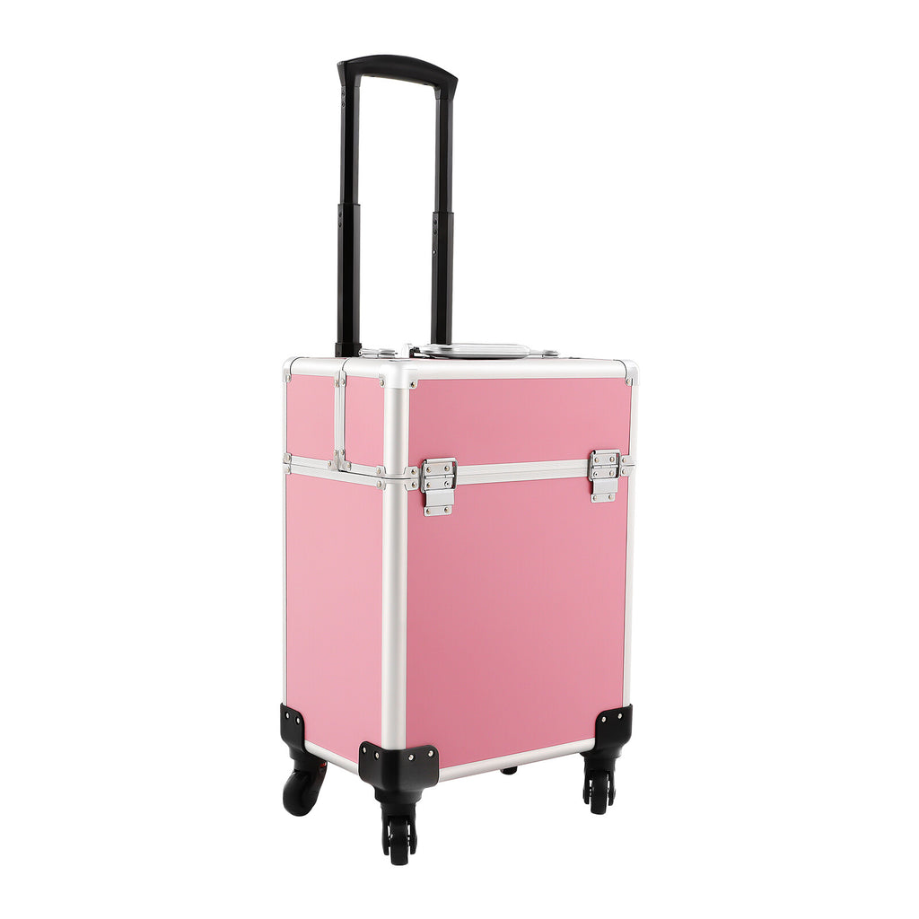 Pink Aluminum Travel Makeup Train Case with Wheels and Large Storage