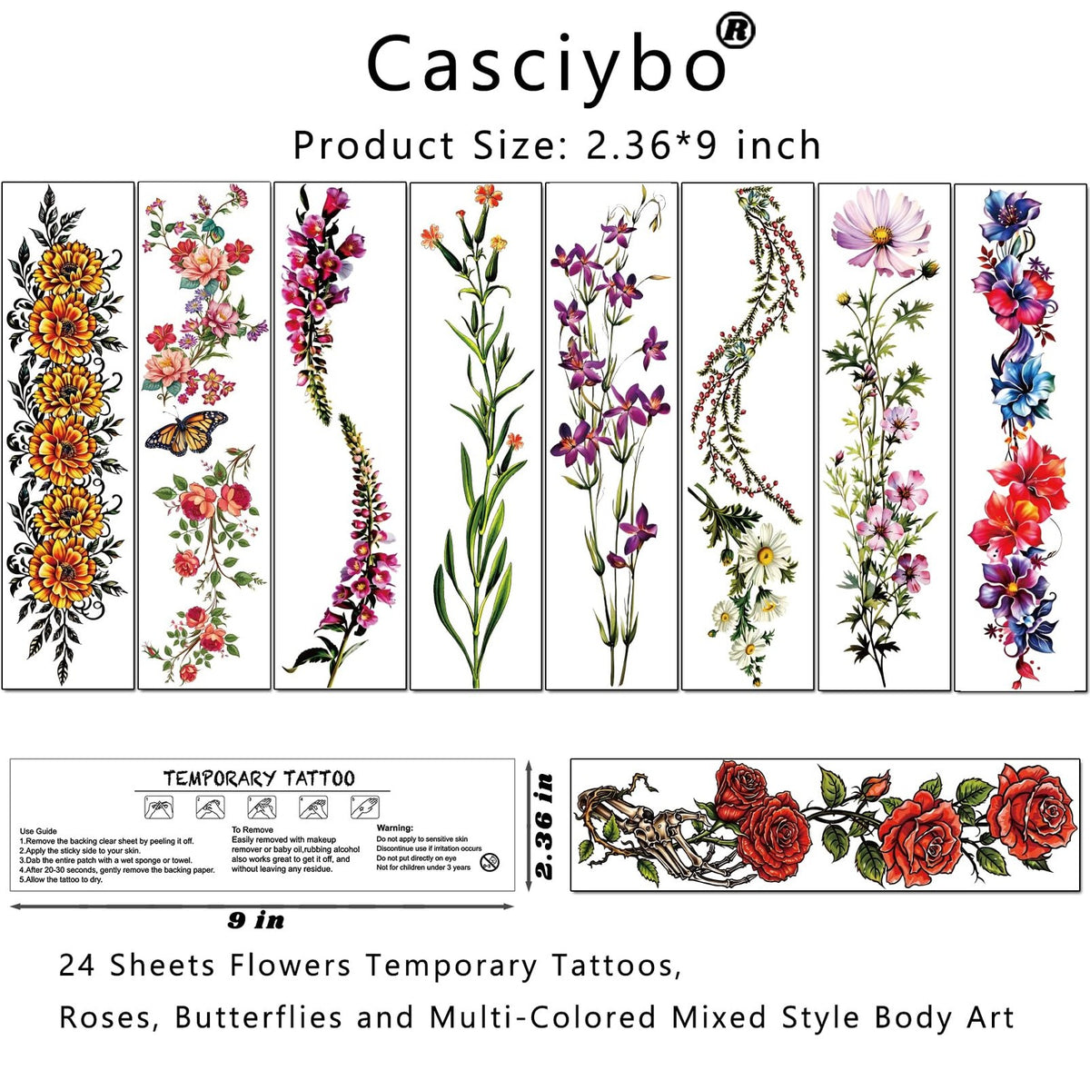 3D Flower Temporary Tattoos - Realistic 24-Sheet Floral Sleeve Set for Festival & Parties