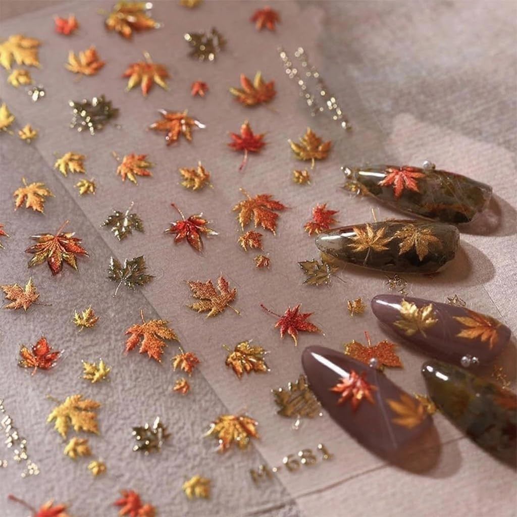 Fall Nail Stickers - 5D Autumn Maple Leaf Nail Decals for DIY Art