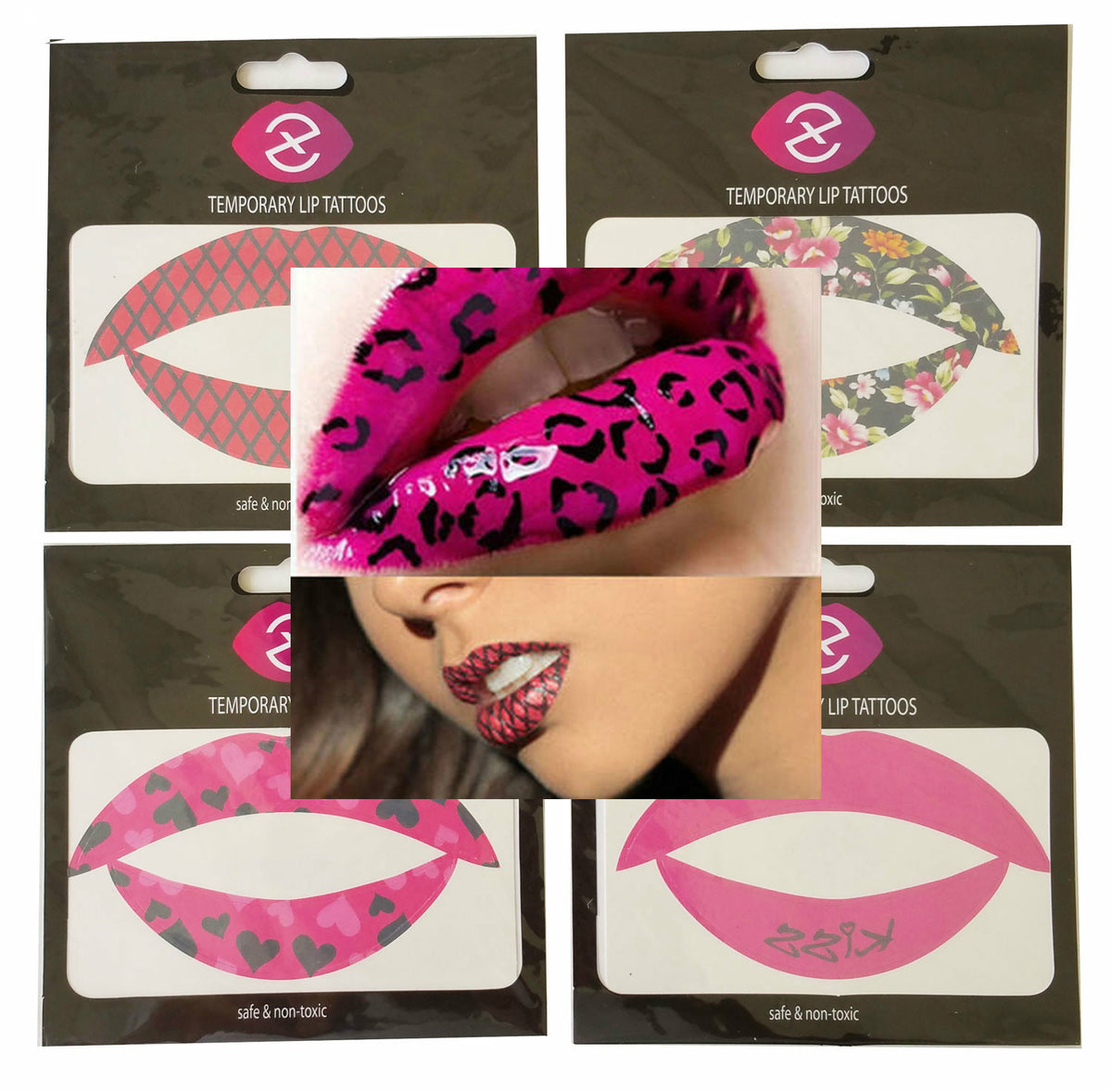 Assorted Lip Tattoo Stickers 4-Pack - Safe Temporary Lip Art for Party