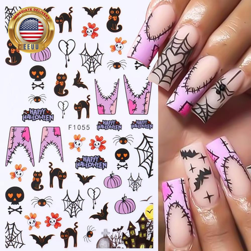 Halloween Ghost Nail Stickers - 3D Self-Adhesive Gold & Black Decals for Nail Art
