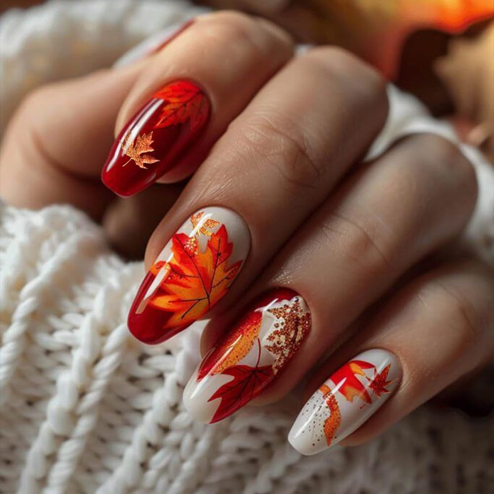 Fall Nail Stickers - 5D Autumn Maple Leaf Nail Decals for DIY Art