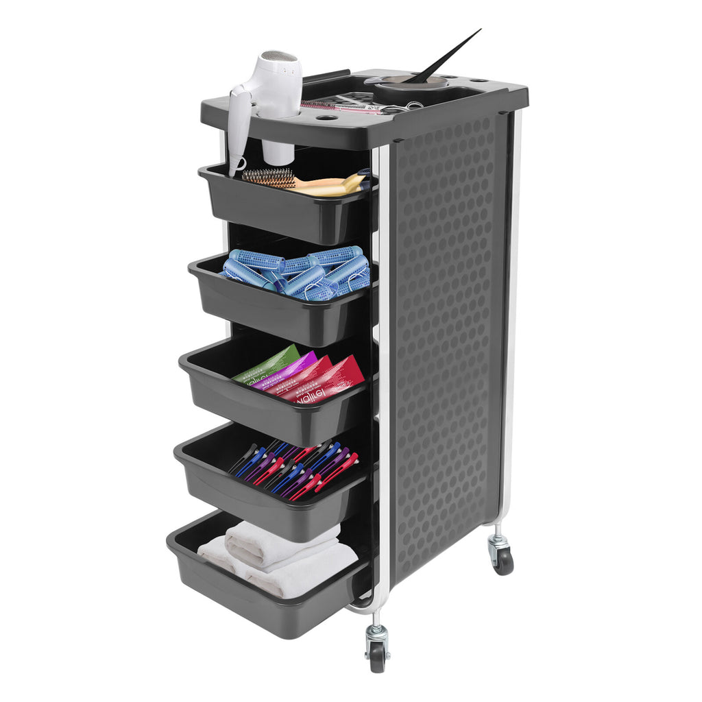 Salon Trolley Cart with 5 Drawers and Dryer Holder, Black