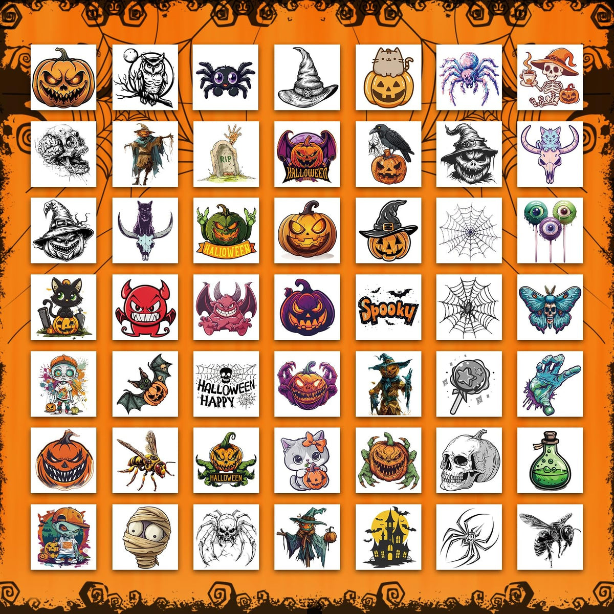 Halloween Temporary Tattoos Set – 100 Large 2x2in Multicolor Sheets