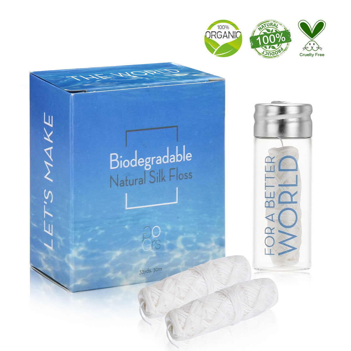 Biodegradable Mint Silk Dental Floss 3 Spools with Glass Jar - Eco-Friendly, Sensitive Gums