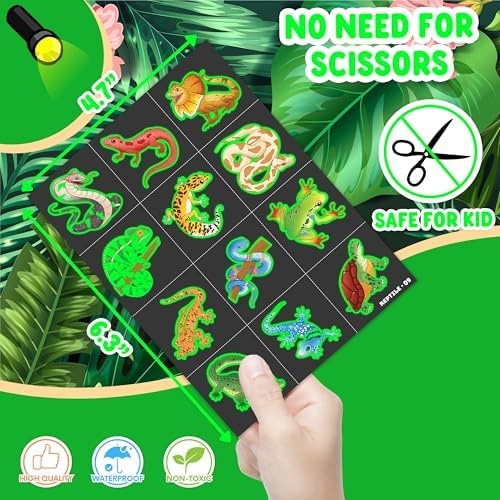Glow in the Dark Reptile Temporary Tattoos - 96 Pcs Pre-Cut Kids & Adults