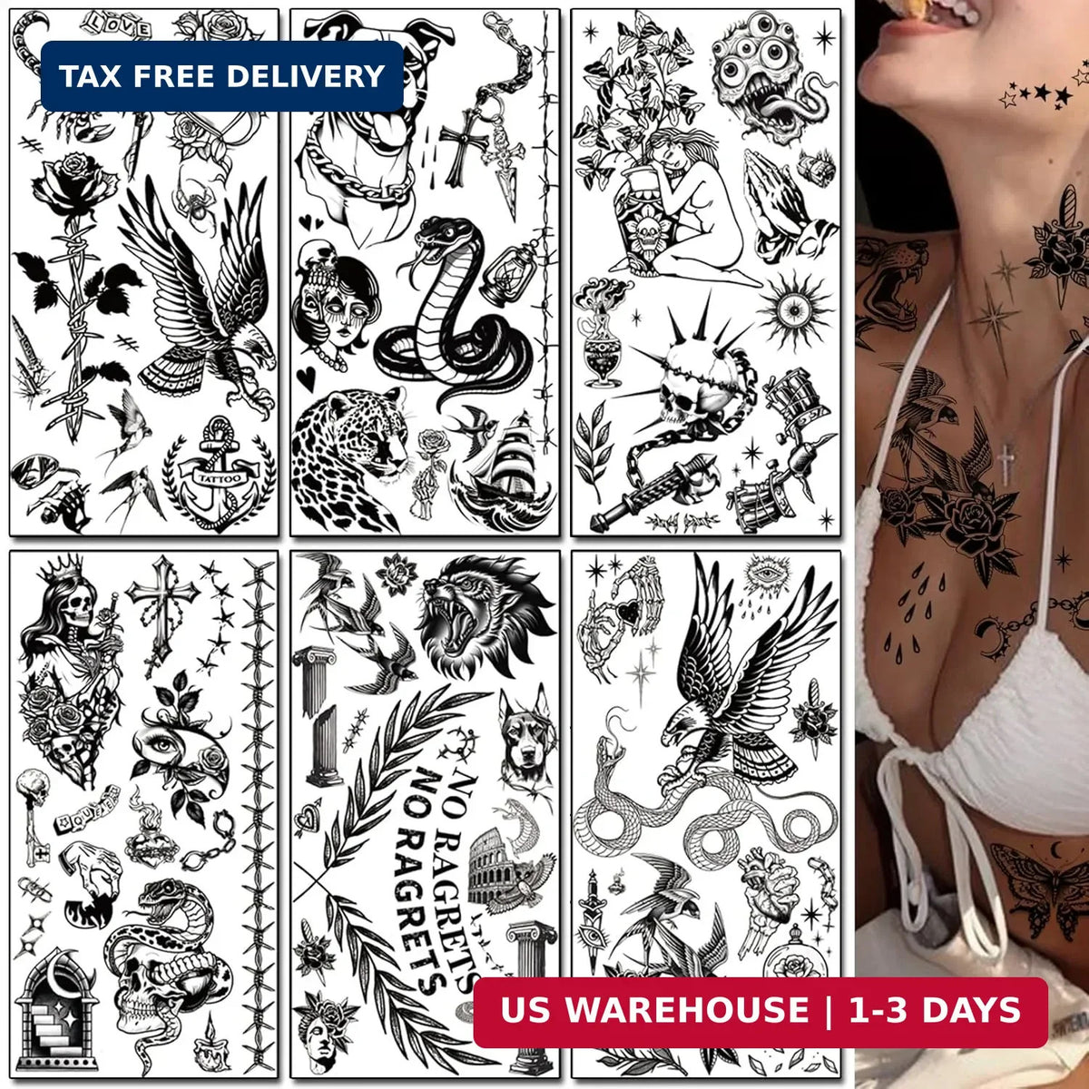 Traditional Black Old School Temporary Tattoos for Adults - 300+ PCS, Waterproof Half Arm Designs