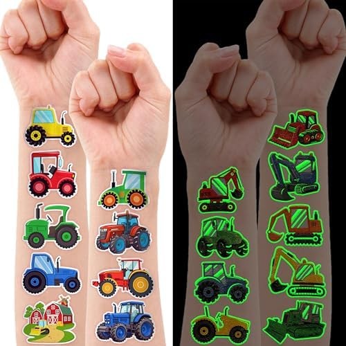 Glow-in-the-Dark Tractor Temporary Tattoos - 96 Pcs Pre-Cut Kids Tattoos