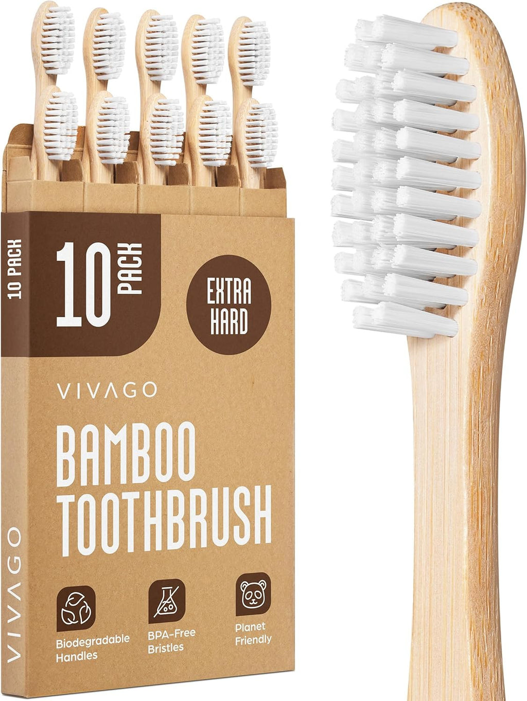 Extra Hard Adult Toothbrushes Pack of 10 with Natural Bamboo Handles