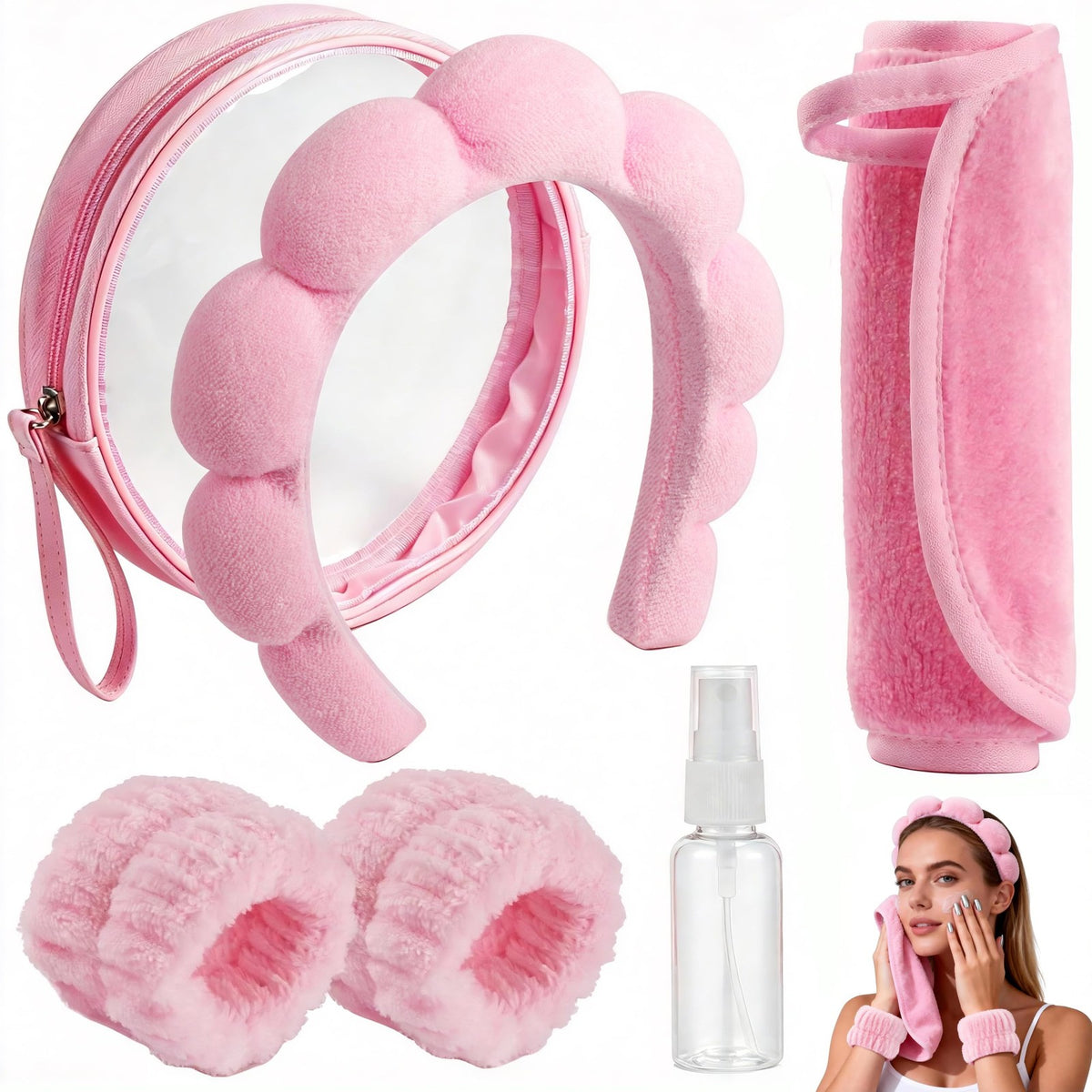 Spa Headband for Face Washing & Makeup Removal - Pink, Pack of 5