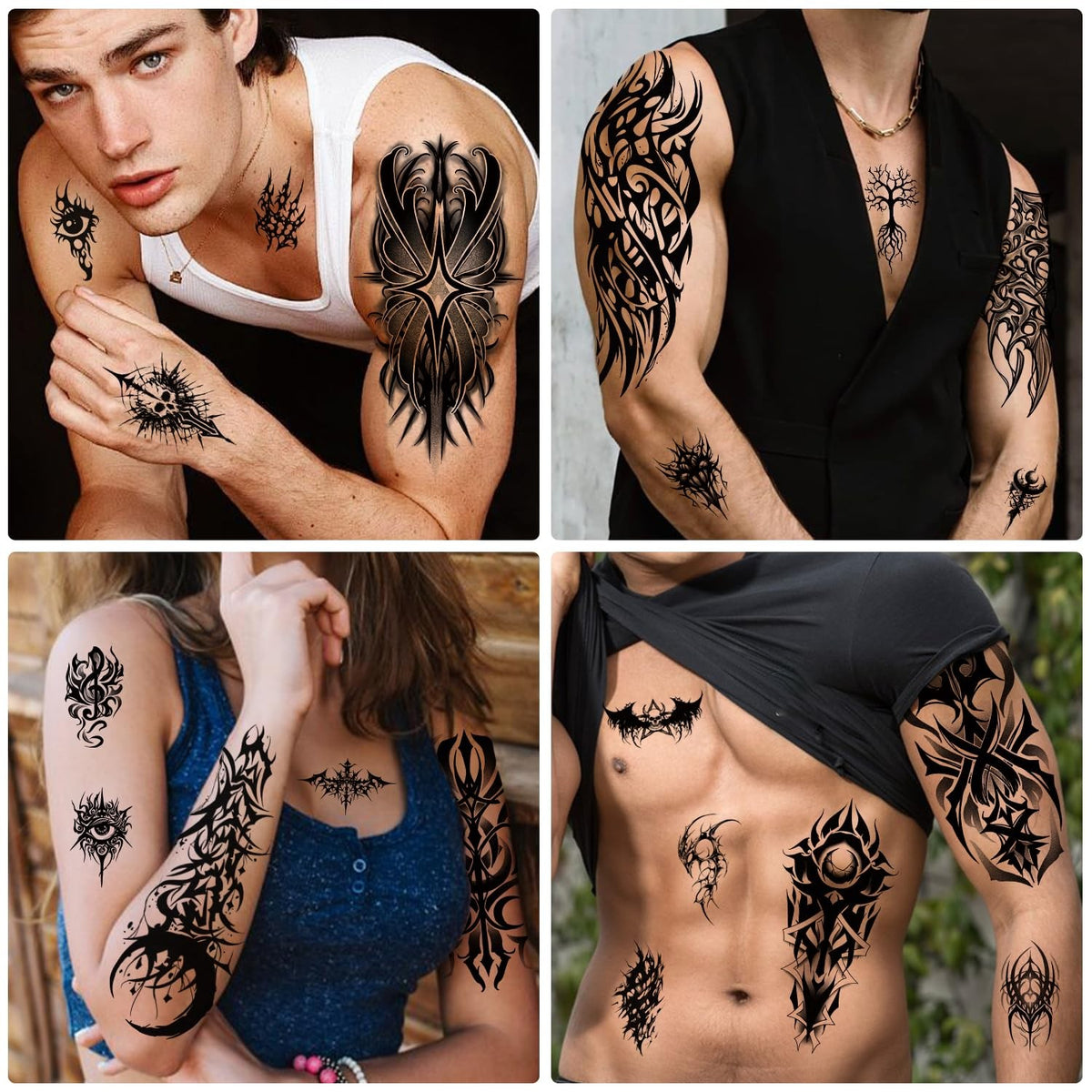 Tribal Cyber Sigil Temporary Tattoos - 77 Sheets for Adults, 7.48x3.74 in & 3.85x2.28 in