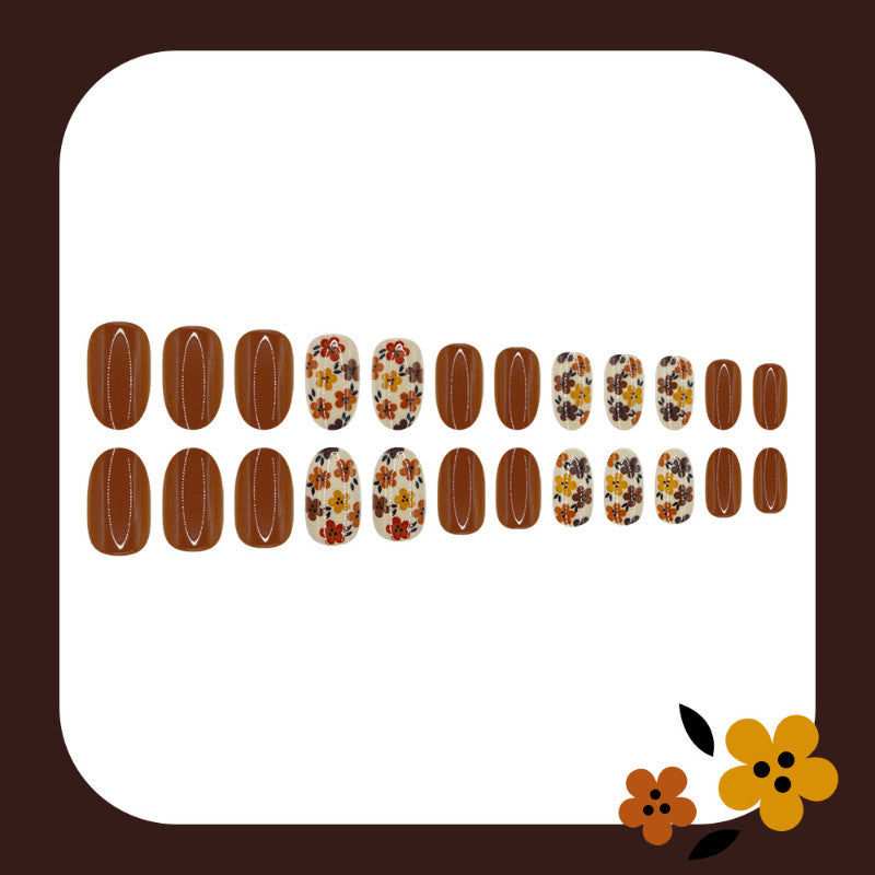 48 Pcs Retro Floral Caramel Almond Fake Nail Set - Press On Nails, Elegant Warm Style