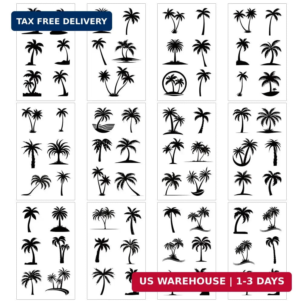 Palm Tree Temporary Tattoos for Adults – 12 Sheets Black Minimalist Silhouette