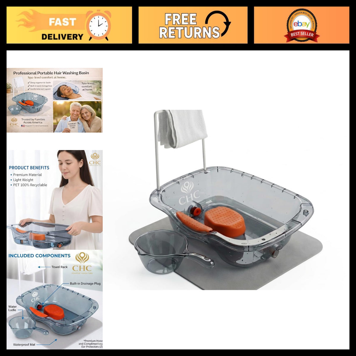 Portable Hair Washing Basin with Waterproof Mat & Towel Hanger for Bedside Care