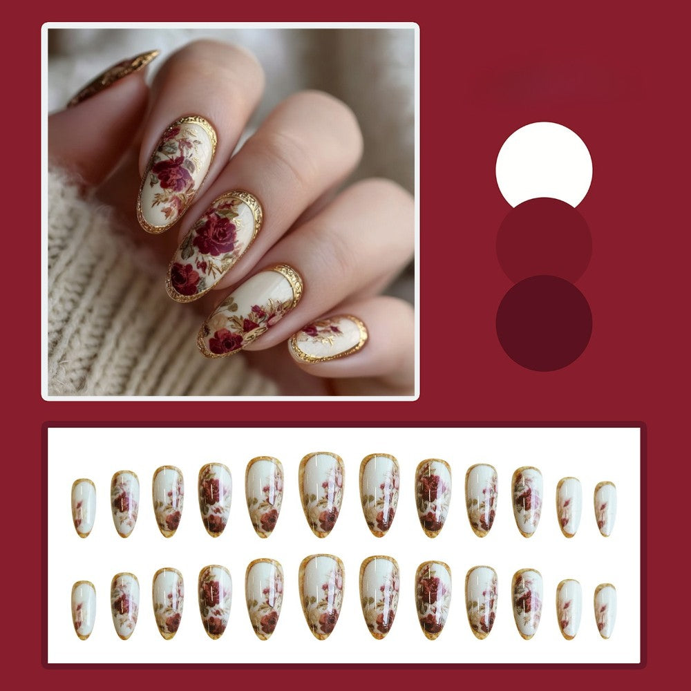 48P Short Almond Press-On Fake Nails with Red Rose Gold Trim - Glossy Nail Art