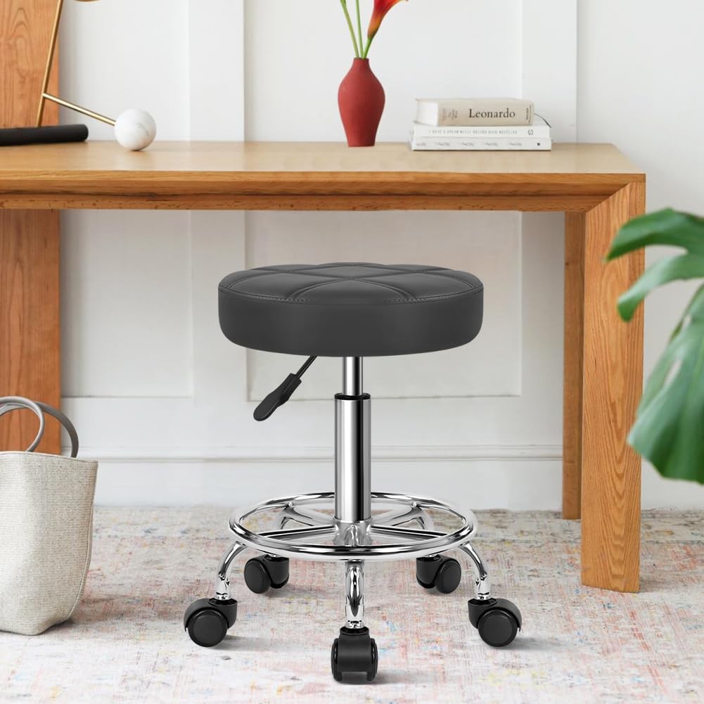 Adjustable Rolling Stool with Footrest - PU Leather Seat, Height 25.2 Inches, Grey
