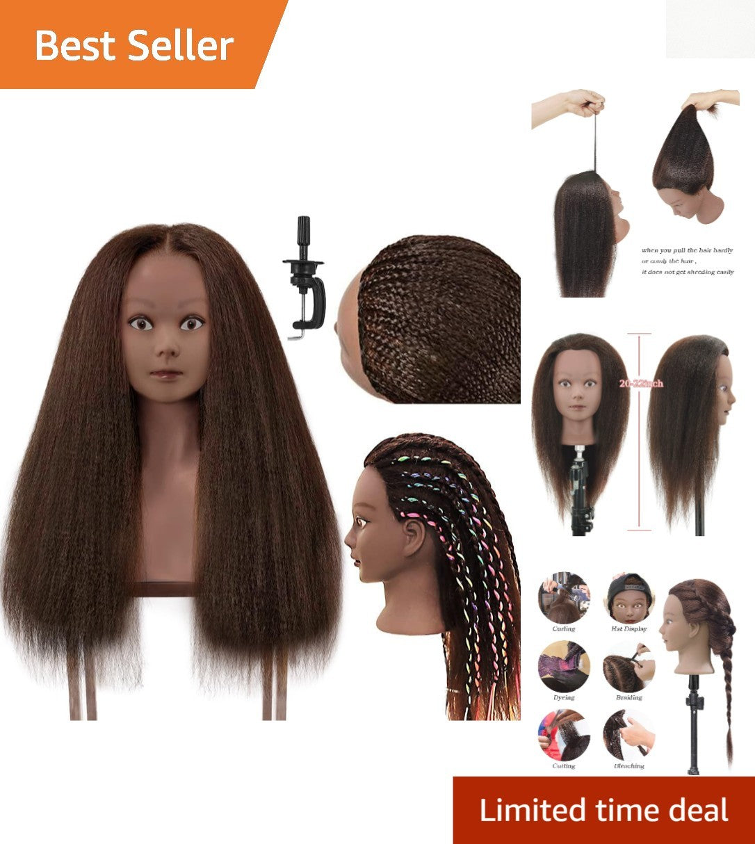 Practice Head with Dark Brown Real Hair for Cosmetology Training - 20-22 Inches