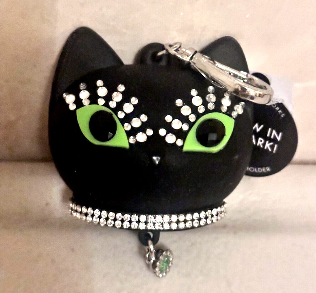 Halloween Cat Jeweled Pocket-Bac Holder with Green Eyes - Hand Sanitizer Keychain Accessory