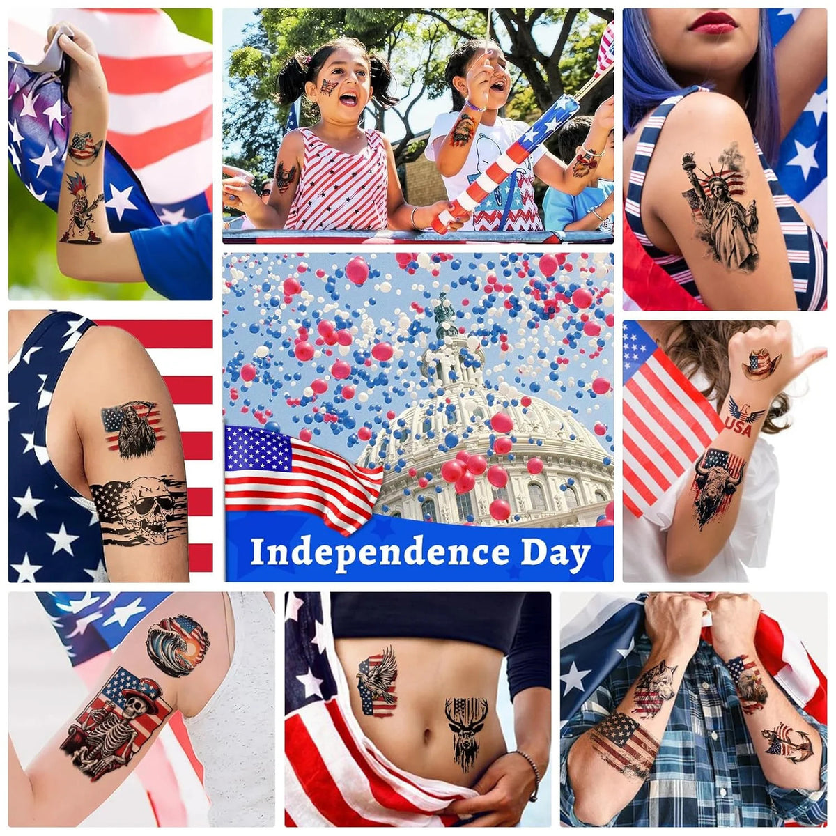 Patriotic Independence Day Temporary Tattoos – USA Flags, Fireworks, 77 Sheets Waterproof
