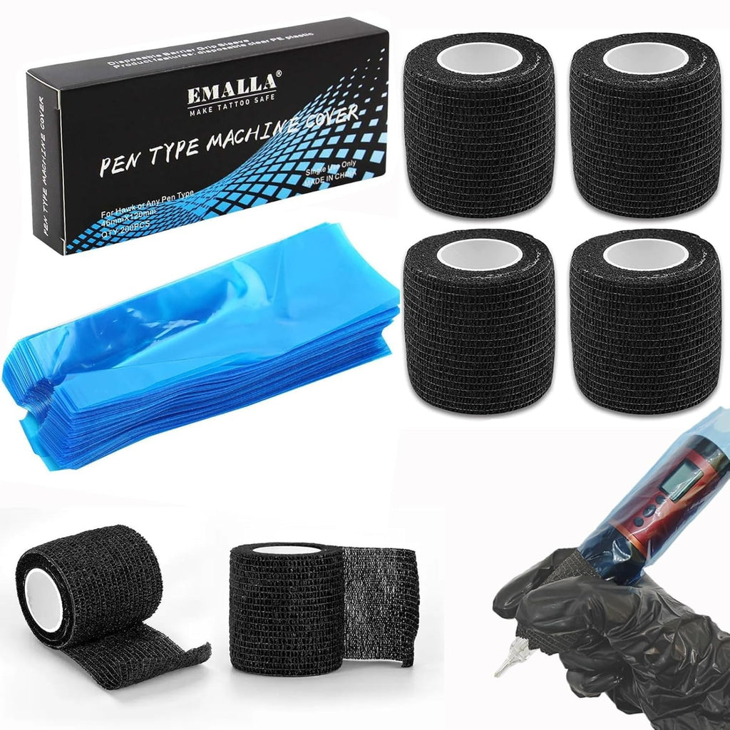 Tattoo Machine Covers & Grip Tape Bundle – 200 Covers + 4 Grip Wraps