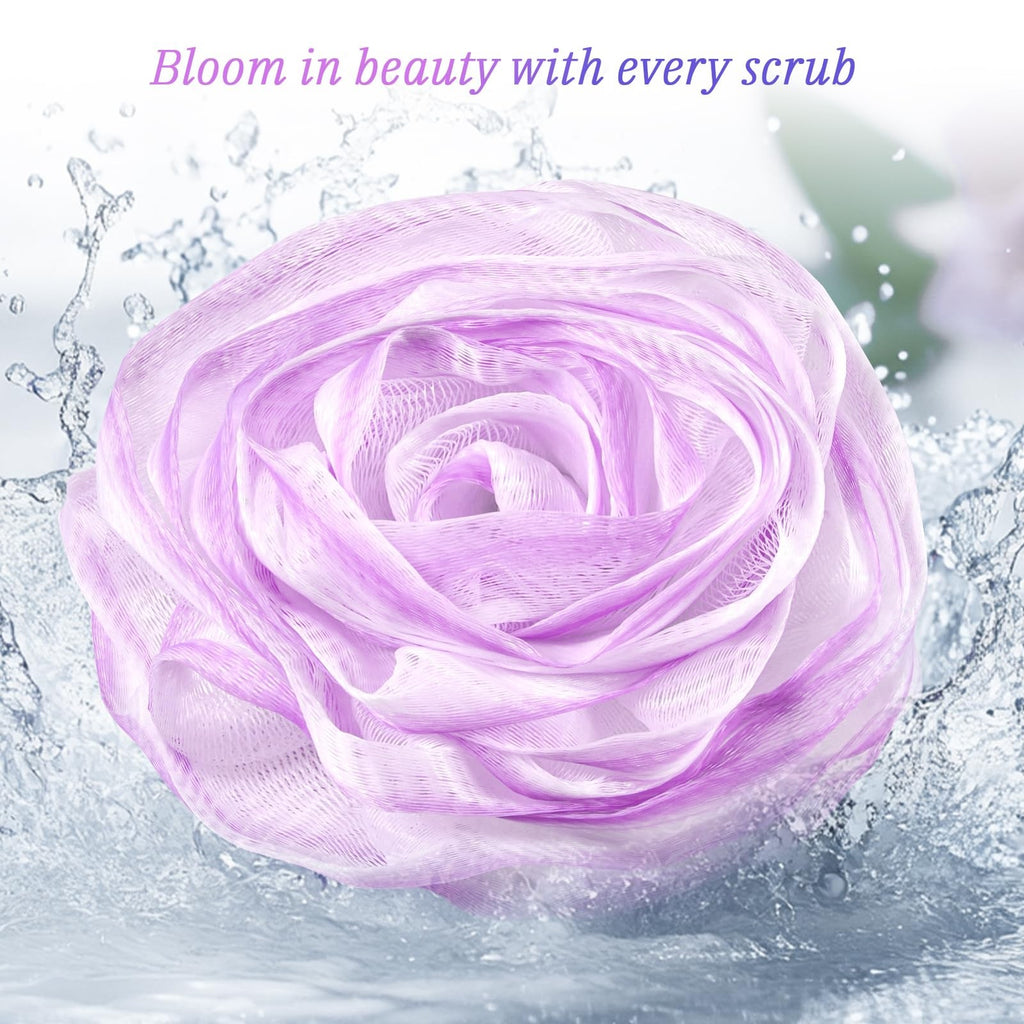 Rose-Shaped Bath & Shower Loofah Set - 2 Body Scrubbers in Purple and Grey