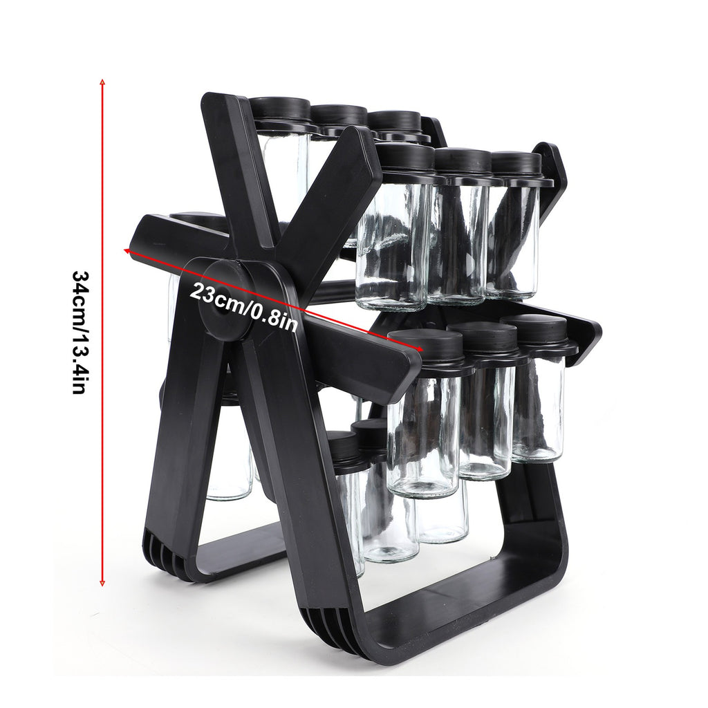 Rotating Spice Rack Carousel with 18 Glass Jars, Labels & Funnel