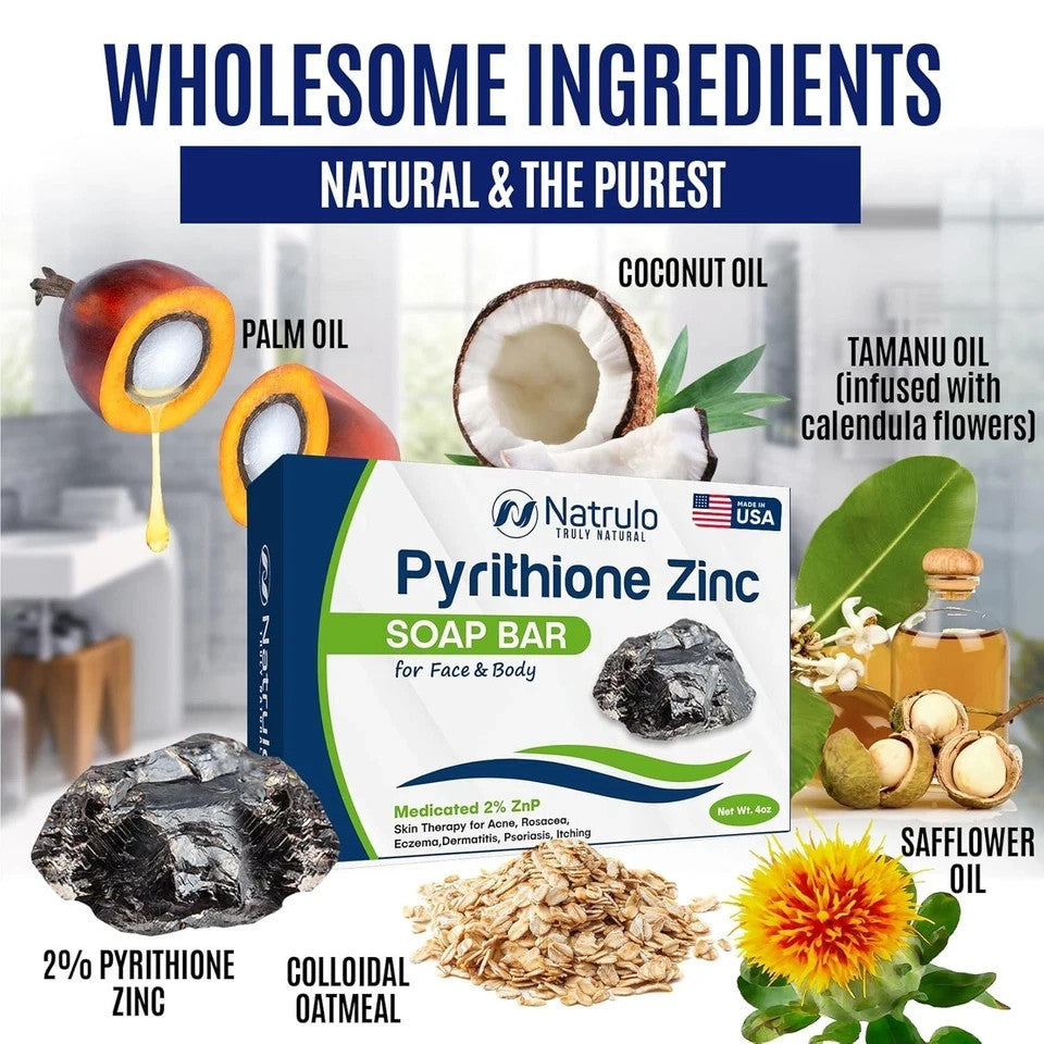 Medicated Pyrithione Zinc Soap Bar for Face & Body - 2% Zinc, 4oz