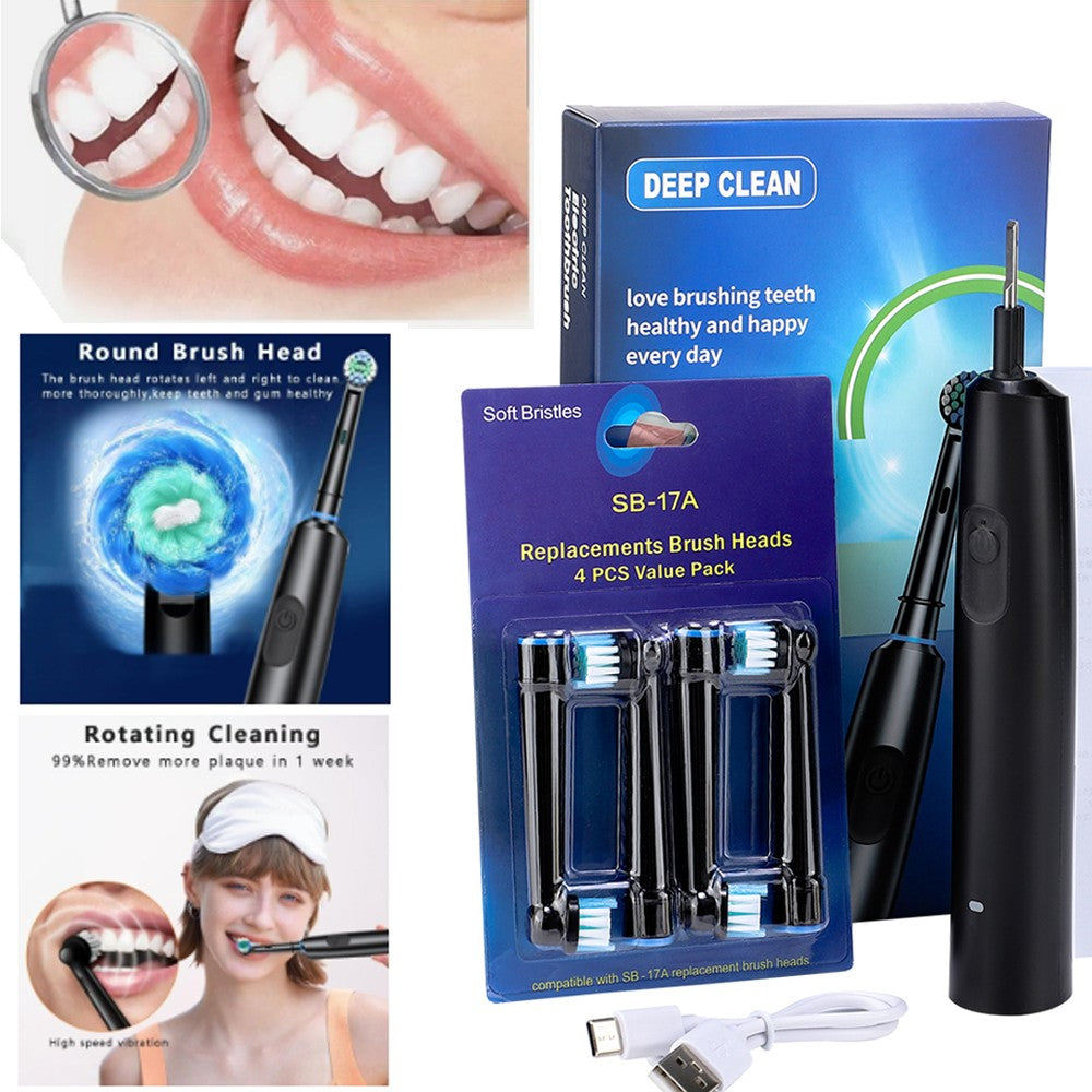 Rechargeable Electric Toothbrush with 4 Brush Heads, 5 Modes, Timer & USB