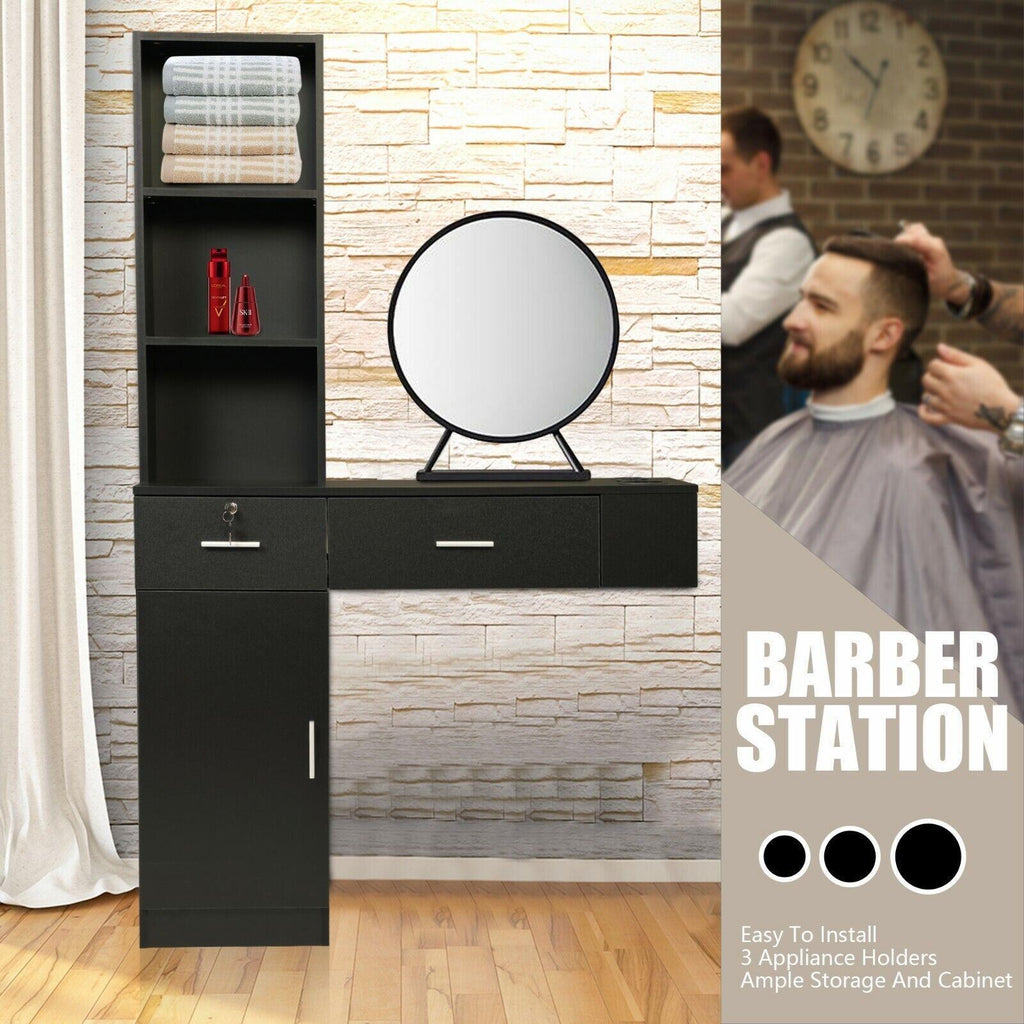 Wall Mount Hair Styling Salon Station with Lockable Drawers and Shelves