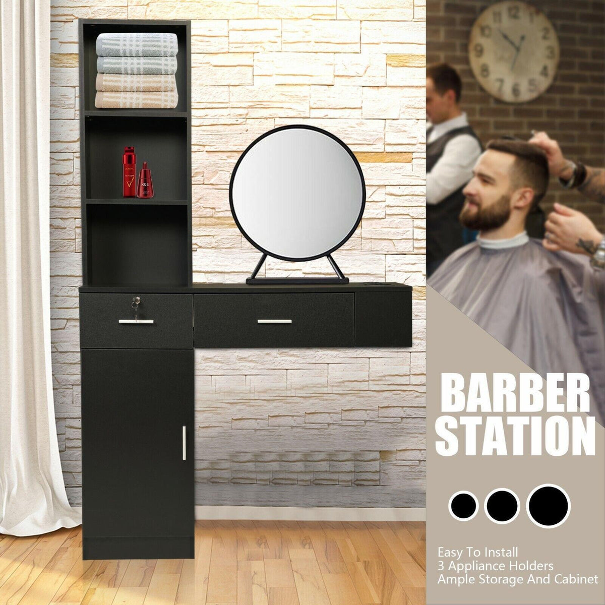 Wall Mount Hair Styling Salon Station with Lockable Drawers and Shelves
