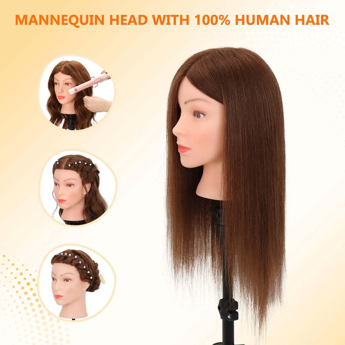 Real Human Hair Mannequin Head for Cosmetology Practice Dark Brown