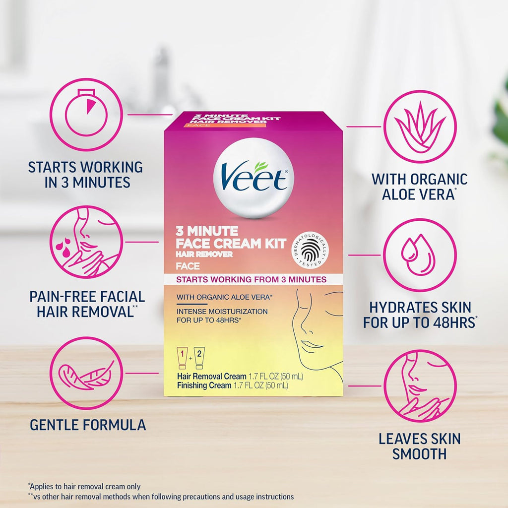 Facial Hair Removal Cream for Women with Organic Aloe Vera - 3 Minute Depilatory Kit