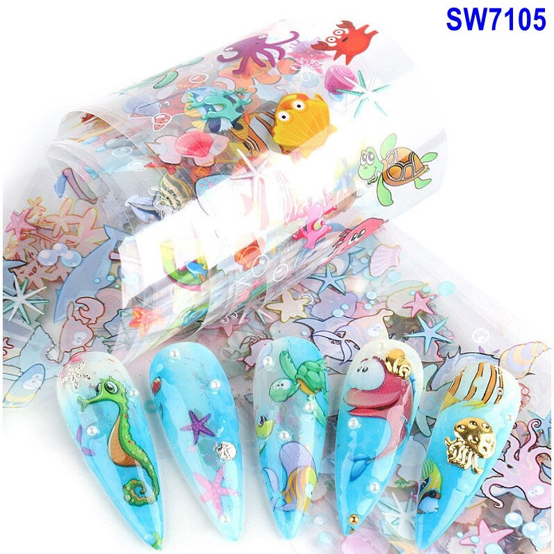 Sea World Fish Shark Shell Horse Star Nail Foil Transfer Stickers 10 Sheets
