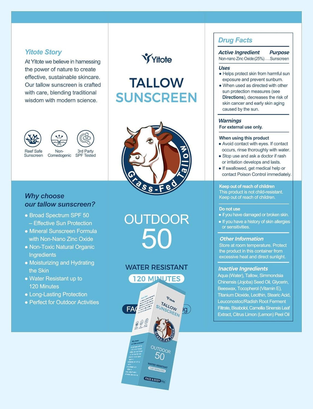 Organic Mineral Sunscreen SPF 50 with Grass-Fed Beef Tallow - Natural, Water-Resistant Face & Body Sun Block