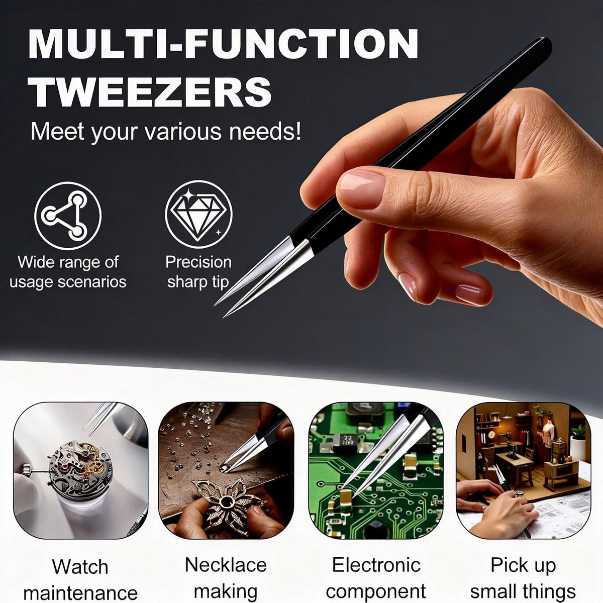 Precision Tweezers Set 4 Pack - Fine Point Curved Flat Angled for Crafts & Electronics