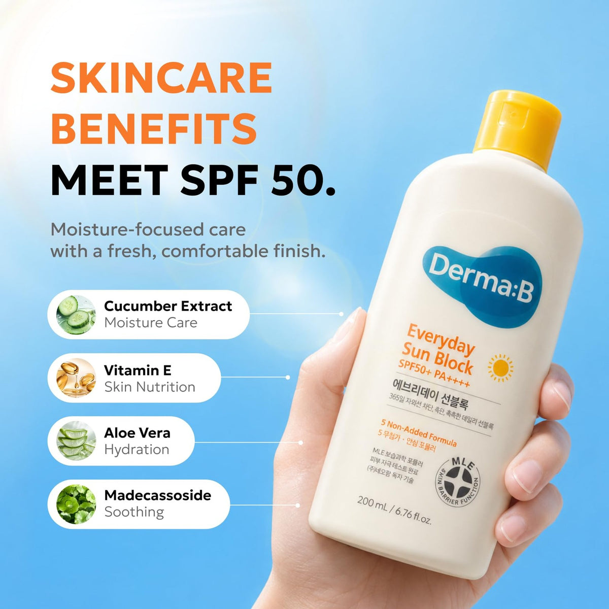 Derma B SPF50+ PA++++ Sun Block Large Size Sunscreen Lotion 6.7 Fl Oz