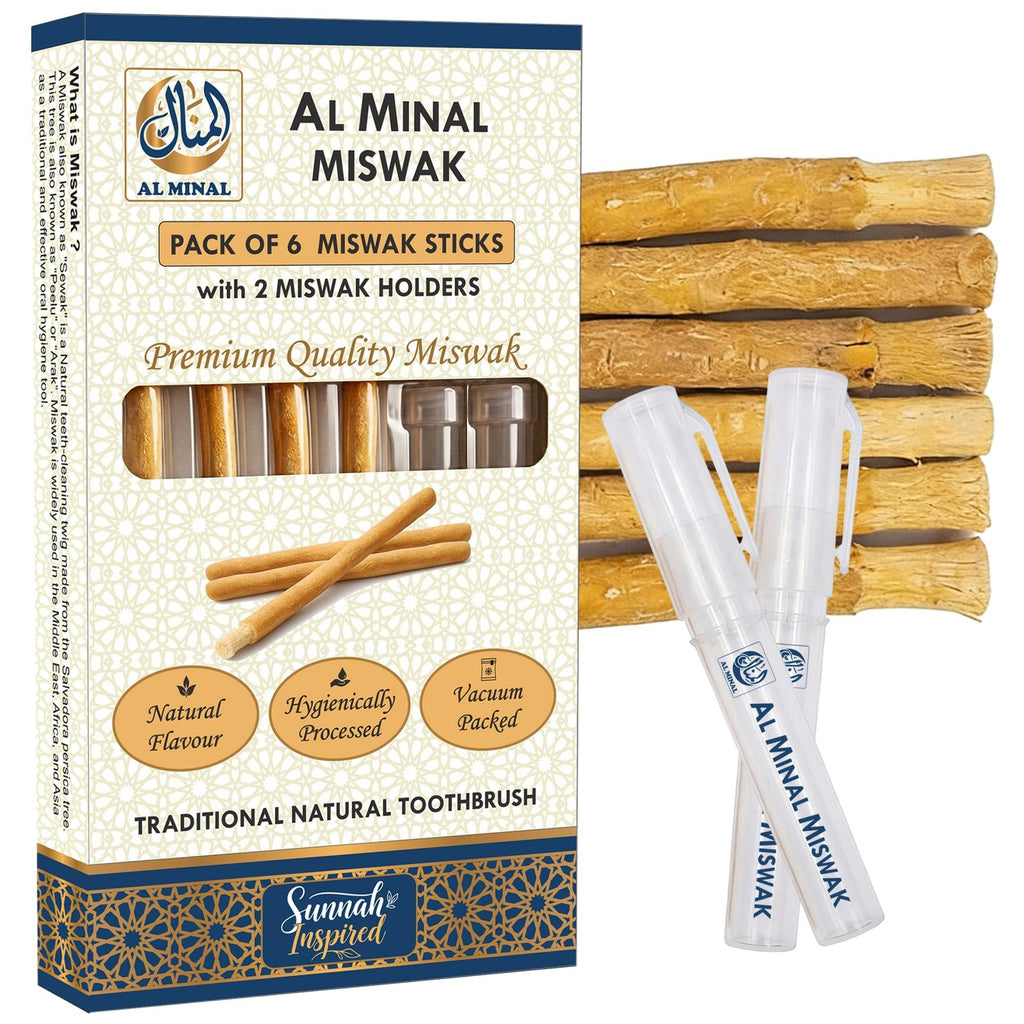 Natural Miswak Teeth Cleaning Sticks with Holders - Pack of 6