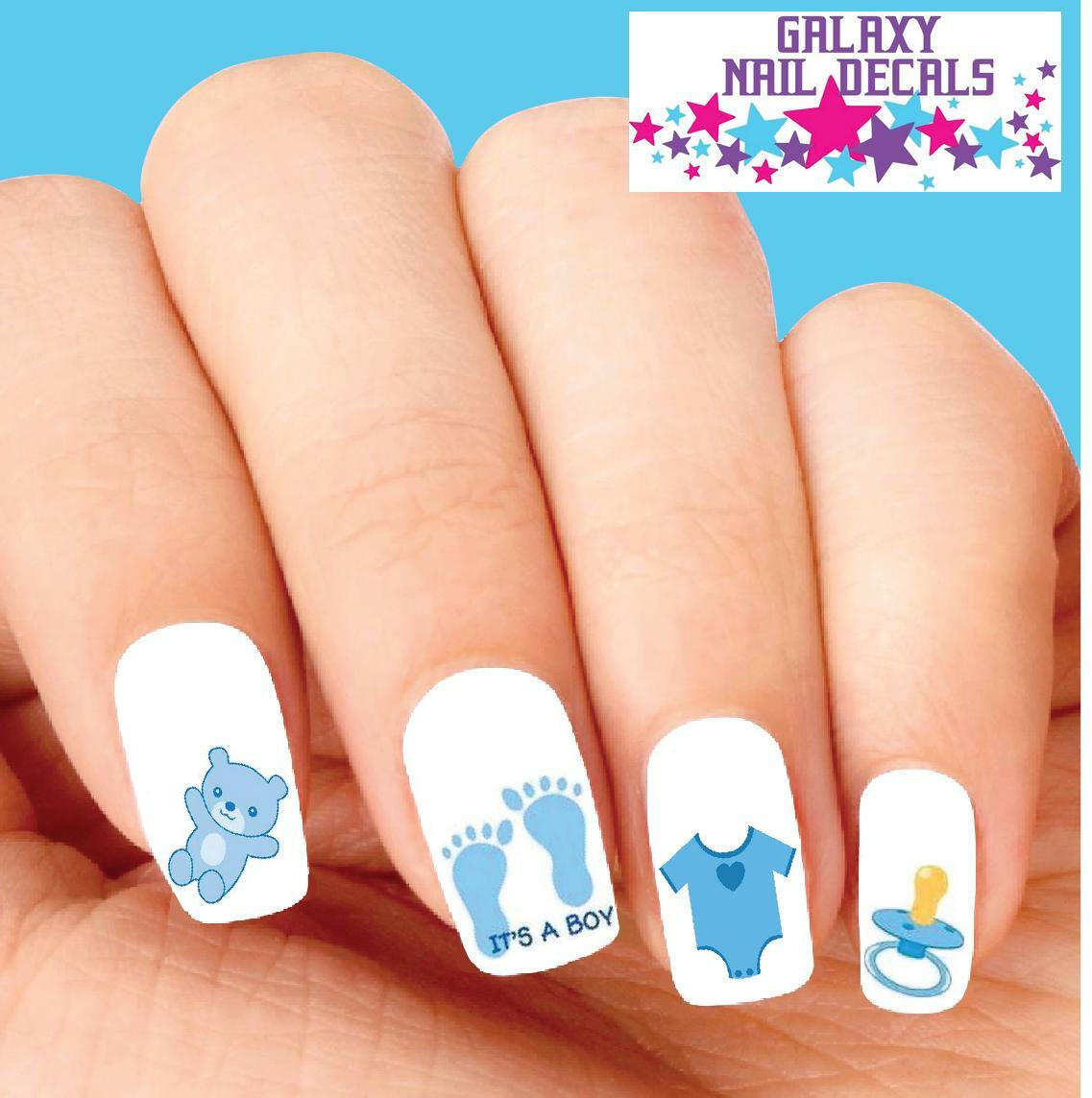 Water Slide Nail Decals Set of 20 Baby Boy Blue Footprints & Pacifier Designs